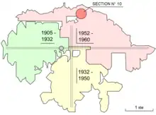 Au centre, un point gris d'où partent quatre voies représentant l'accès au puits de remontée et les voies de circulation principales de la mine. À gauche, l'ouest de la mine est représenté en vert, car exploité à partir de l'ouverture de la mine et jusqu'en 1932. Au sud, la zone en jaune est exploitée entre 1932 et 1950. Au nord, au nord-est et à l'est figure la zone rouge, exploitée de 1952 à 1960, et majoritairement touchée par l'accident. La section expérimentale no&nbsp;10 est représentée par un point rouge au nord-nord-ouest.