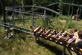 Photo de montagnes russes en métal avec plusieurs chariots en mouvement sur une étendu d'herbe.