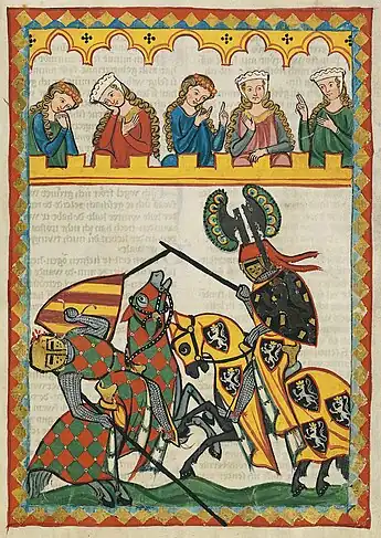 En haut, 5 dames spectatrices d'un tournoi. Un chevalier brise sa lance en blessant à la tête son adversaire qui tombe