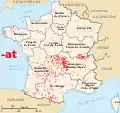 Terminaisons en -at, issues de -acum uniquement en Auvergne, Limousin et centre est.