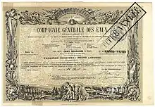 Certificat provisoire de fondation de la Compagnie Générale des Eaux (CGE) de 5 actions de 125 francs chacune, daté à Paris le 16 août 1853, signé de la main de Barthélemy Prosper Enfantin en tant que directeur général. La création de la Compagnie Générale des Eaux, qui prendra le nom de Vivendi en 1998, découle des idées socialistes du saint-simonien Enfantin.