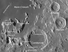 Promontoire Agarum, dorsa Harker (en) et cratère Condorcet au sud de la mer des Crises.