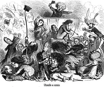 Marrast (avec sa cloche) tentant de ramener le calme à l'Assemblée nationale constituante. Caricaturé de Cham, Assemblée nationale comique, 1850.