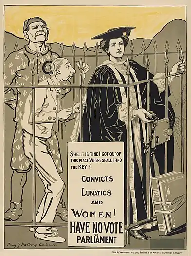 Dessin de « lunatiques » en tenue de prisonnier d'asile de fous et une femme en en habit de parlementaire dans un enclos grillagé.
