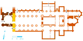 Plan d'une église où les phases de constructions apparaissent de couleurs différentes.