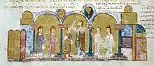 Miniature d'un manuscrit représentant le couronnement d'un homme devant un groupe de dignitaires.