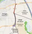 En rouge le territoire de Jons qui a intégré Jonage, en bleu le territoire de Jonage qui a intégré Jons. Ces échanges ont permis d'assurer la continuité territoriale du département du Rhône.