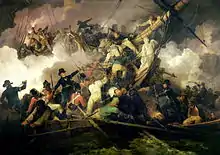 Chaloupes d'anglais montant, parmi morts et blessés, à l'assaut d'une corvette dans un nuage de fumée