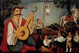 Représentation du héros folklorique ukrainien du Cosaque Mamaï  : un joueur de bandoura est représenté au premier plan, tandis qu'à l'arrière-plan, les Haidamakas tuent deux Juifs usuriers dans la forêt : l'un est suspendu par les talons à un arbre, tandis que l'autre est tiré de force par sa barbe et frappé à la tête. Le deuxième prêteur juif, qui est capturé dans la forêt par Haidamakas, dit au bandouriste : « Pitié, M. Mamaï, je n'ai pas sou vaillant », auquel le bandouriste répond : « Je n'ai besoin d'aucun argent de toi, pour ceux comme vous, le seul salut est le ciel ! », XIXe