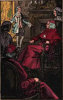 Tableau représentant un groupe de cardinaux regardant s'avancer dans la pièce un jeune homme, qui est le sculpteur Sarrasine