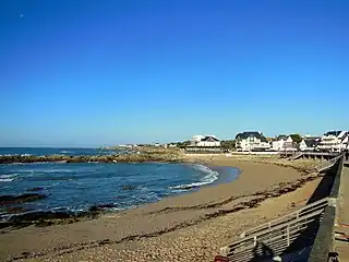 Vue d'une plage de sable, ouverte sur une mer calme sur fond de ciel bleu.