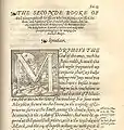 Composition typographique du XVIe&nbsp;siècle, comprenant deux feuilles aldines et la lettrine «&nbsp;M&nbsp;». Le début du texte est composé en cul-de-lampe.