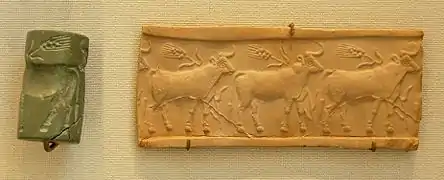 Sceau-cylindre de la période d'Uruk, représentant une « ronde » de bovins. Musée du Louvre.