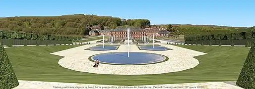 Vue restituée depuis le bout de la perspective des jardins de Dampierre.