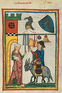 Planche 64r : Le seigneur Dietmar von Aist&nbsp;(de), avec une mule, symbole du voyageur. L'écusson contient une licorne.