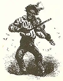 Dessin en noir et blanc montrant un homme noir qui joue du violon, coiffé d'un vieux chapeau.