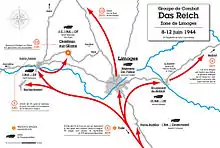 Carte en couleurs du déploiement de la 2e&nbsp;division SS « Das Reich » dans la zone de Limoges