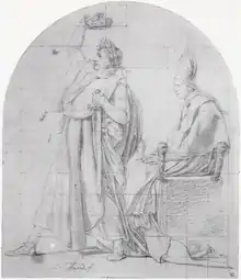  Dessin montrant Napoléon de profil se couronnant, derrière lui, le pape est assis