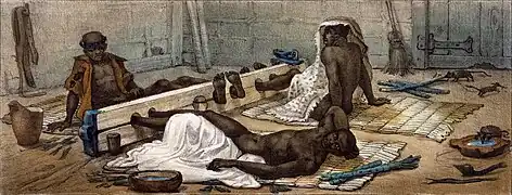 Esclaves brésiliens mis aux ceps, par Jean-Baptiste Drebret, vers 1830.