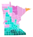 Vainqueur démocrate par comté : Walz en bleu-vert, Murphy en orange, et Swanson en rose.