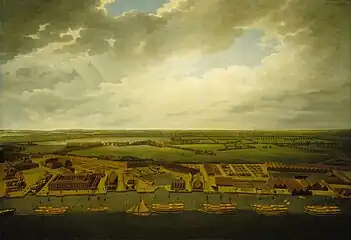 Vue du chantier naval de Deptford ; huile sur toile de Joseph Farington (fin du XVIIIe&nbsp;siècle - début du XXe ; Collections du musée national de la Marine