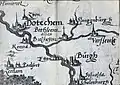 Détail d'une carte de Gueldre et de Clèves datée 1573 de Christian Sgrooten indiquant le château Slangenburgh (à l'est de Dotechem-Doetinchem).