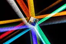 Des rayons de lumières de multiples couleurs entourent un carré transparent.
