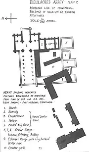 Plan en noir (ruines retrouvées) et blanc (ruines extrapolées) d'une abbaye par-dessus laquelle d'autres bâtiments ont été postérieurement construits.