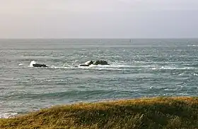 Pointe de Jardeheu : les rochers des Torrettes et la bouée de la basse Bréfort dans les courants du raz Blanchard.