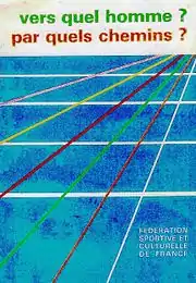 Couverture faite de lignes multicolores horizontales et diagonales (coin gauche-bas → coin droit-haut) sur un fond bleu