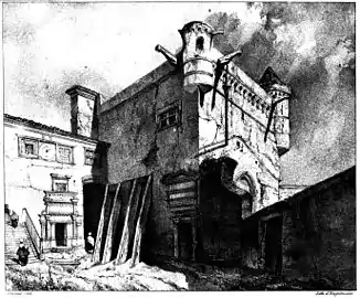 Le donjon, état au début du XIXe&nbsp;siècle, dessin d'Adrien Dauzats lithographié par Godefroy Engelmann (1833).