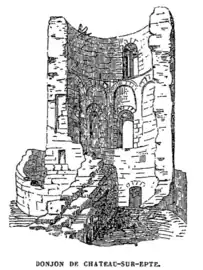 Dessin du donjon de Chateauneuf-sur-Epte, vu du sud. On distingue le reste du donjon et la chemise de défense.