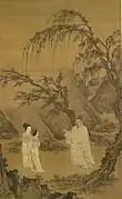 Wang Xianzhi et deux femmes au milieu des saules et des rochers.