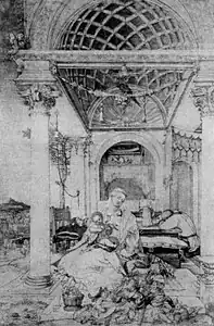 La Sainte Famille dans une galerie, 1509, 42,2&nbsp;×&nbsp;28,3&nbsp;cm, Bâle, Kunstmuseum, Öffentliche Kunstsammlung, Kupferstichkabinett.