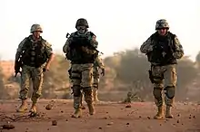 Photographie de soldats polonais au Tchad avec leur véhicule de transport blindé.