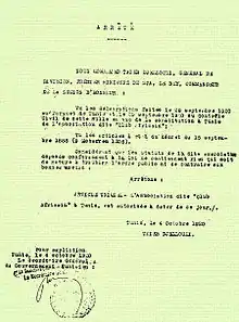 Arrêté de couleur jaune pâle, avec un texte en noir.