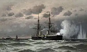 Le nouveau H.M.S. Inflexible en mer lors de ses essais (1880).