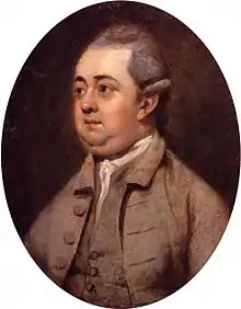 Dessin d'un homme en costume qui regarde vers sa droite. Ses cheveux sont gris et courts, il a de gros yeux et un double menton.