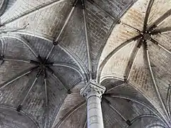 Vue rapprochée des voûtes d'ogives, avec leurs arcs brisés et leurs clés de voûtes.