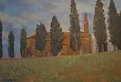 Église d'Arvigna peinte par R. Labitrie (1983).