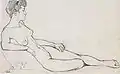 Dessin d'une femme à demi-allongée de trois-quarts face, une jambe repliée, visage de profil aux yeux clos