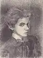 Dessin en buste et trois-quarts face d'un garçon aux cheveux épais, en veste et lavallière sombres et col blanc