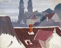 Peinture montrant des toits de maison avec deux tours d'église au fond