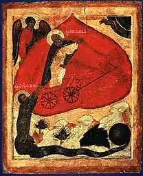 L'ascension ardente du prophète Élie vers le ciel, icône de école de Nijni Novgorod, fin XVe début XVIe&nbsp;siècle.