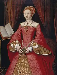 Peinture à l'huile d'Elizabeth I, dans une tenue rouge, lui donnant une silhouette en double cône de l'époque : le buste montre un V prononcé, formé sous la robe