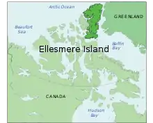 En vert foncé, l'île d'Ellesmere, lieu où ont été découverts les fossiles de l'animal.