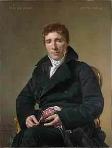 tableau : un homme en costume noir assis dans un fauteuil