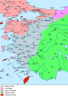 Carte matérialisant les frontières entre les différents royaumes et principautés en Anatolie occidentale