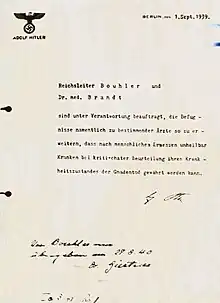 Ordre de Hitler daté du 1er septembre 1939.