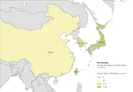 Densité du réseau LGV. Est Asiatique (vitesse ≥ 250&nbsp;km/h). En km par million d'habitants (2010).